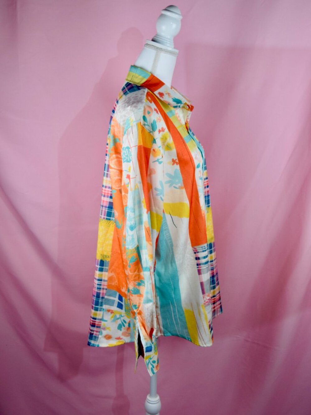 Boutique Colorful Patchwork Print Long Sleeve Button-Up Blouse | Size L - Picture 4 of 6